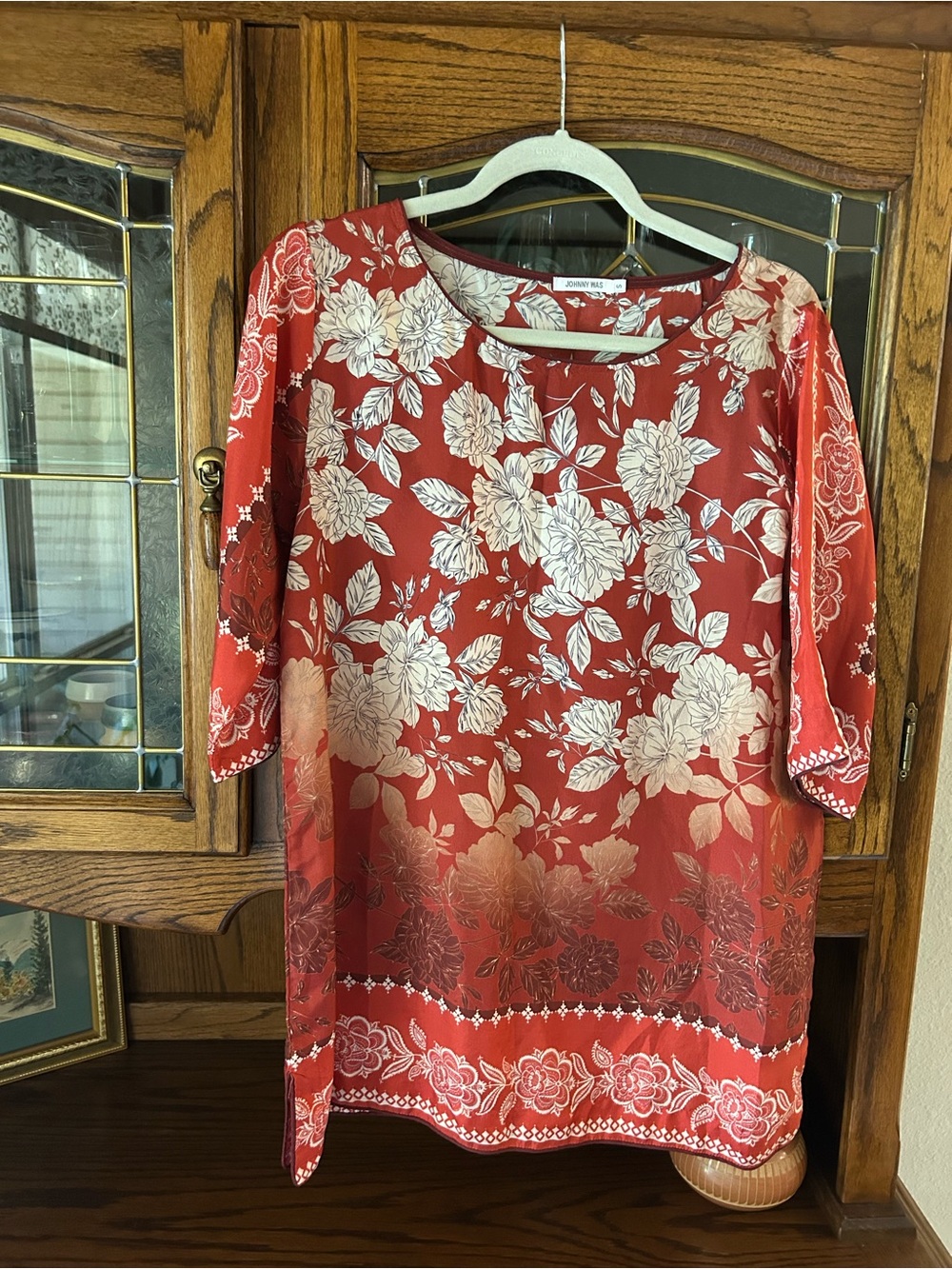 Johnny Was 100% Silk Red/Orange Cream-Accent Tunic Top